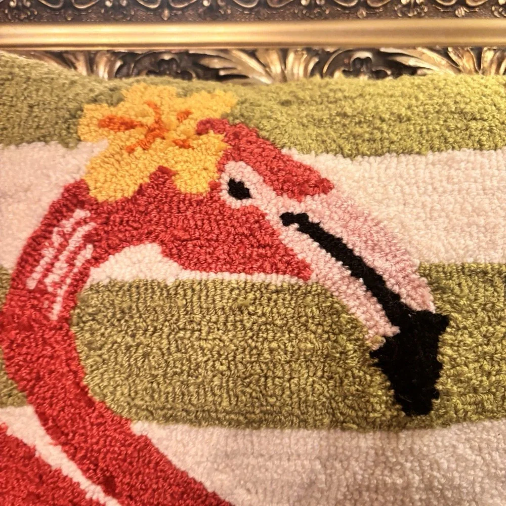 Flamingo Hooked Pillow 18x18 Tropical‎ Coastal Decor Green Stripe Accent Pillow